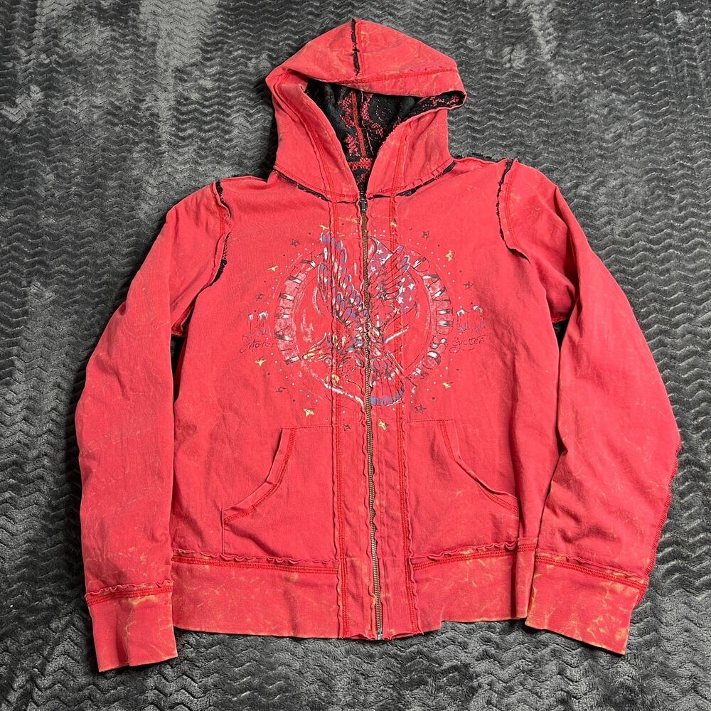 Harley Davidson Reversible Coral Black Lace Zip Up Hoodie Size XL